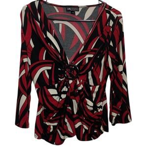 I.N. Blouse Womens P/XL Red Black Babydoll Y2k Gathered Brooch Low Cut Sexy 90s